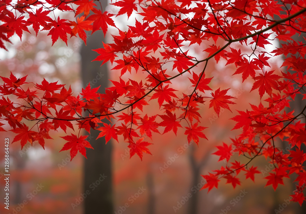 Vibrant red maple leaves in a misty forest, capturing the essence of autumn's beauty and tranquility. Vibrant red maple leaves in a misty forest, capturing the essence of autumn's beauty and tranquility.