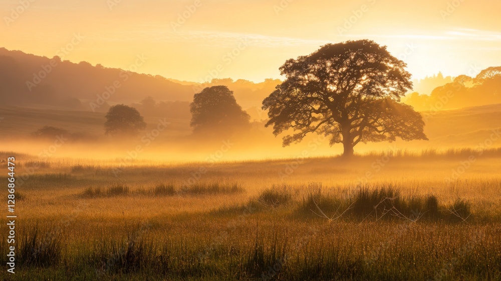 A serene sunrise over a misty landscape. The golden light illuminates the distant trees. A peaceful moment captured in nature. Generative AI A serene sunrise over a misty landscape. The golden light illuminates the distant trees. A peaceful moment captured in nature. Generative AI