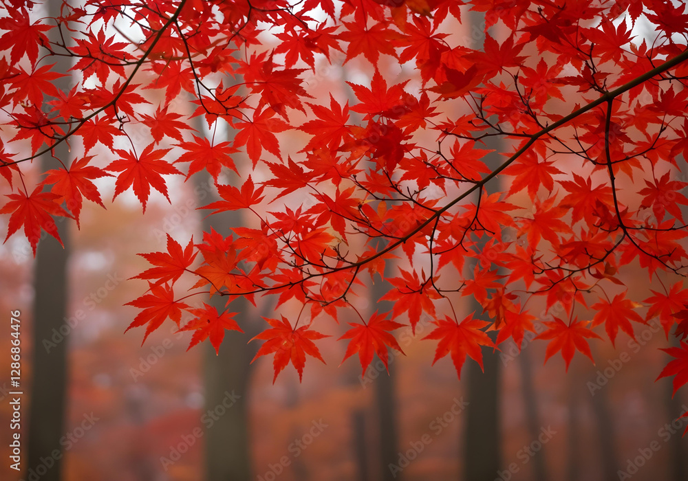 Vibrant red maple leaves in a misty forest, capturing the essence of autumn's beauty and tranquility. Vibrant red maple leaves in a misty forest, capturing the essence of autumn's beauty and tranquility.