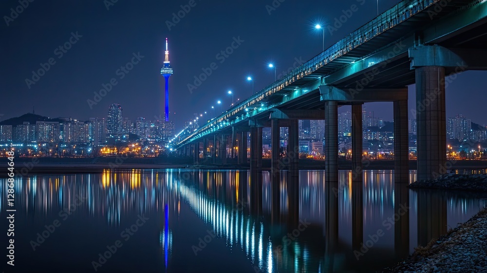 Naklejka premium Night Cityscape with Tower and Bridge Reflecting on Water