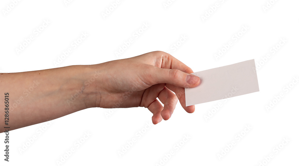 Obraz premium Female hand holding a blank business card, fingers gently presenting it forward. Symbolizing identity, corporate communication, and professionalism. Isolated on white background.