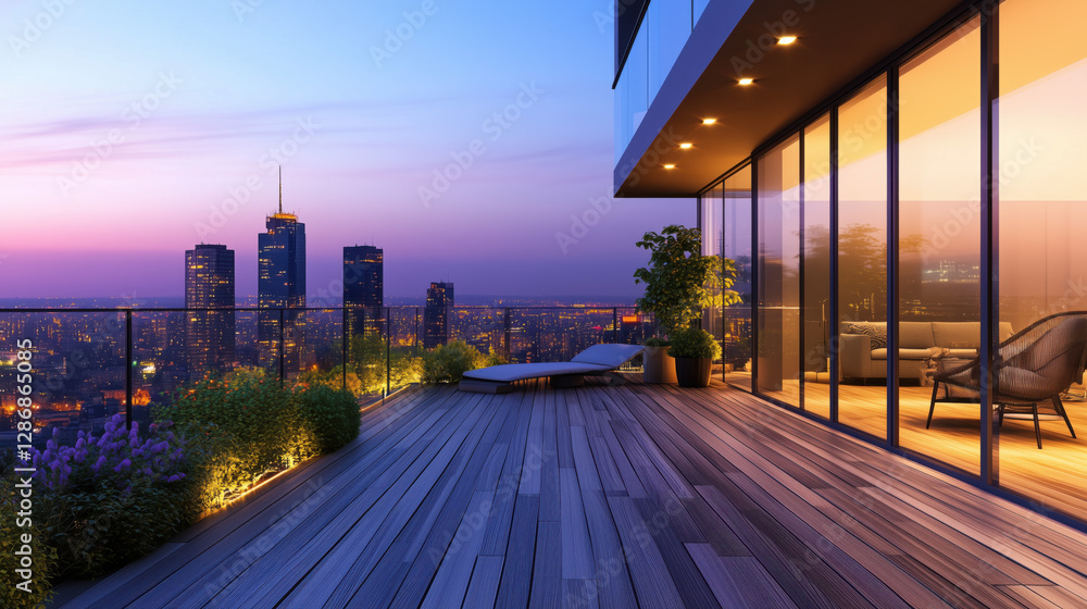 Fototapeta premium Chic Outdoor Terrace with Wooden Deck and Glass Wall Overlooking City Skyline, Soft Evening Lighting Creating a Modern Relaxed Atmosphere for Urban Lifestyle or Fashion Product Display