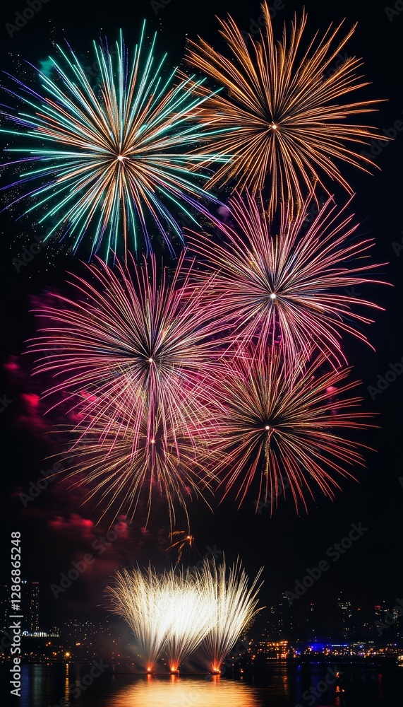 Stunning fireworks light up the night sky, celebrating new year with joyful reflections of festivity Stunning fireworks light up the night sky, celebrating new year with joyful reflections of festivity