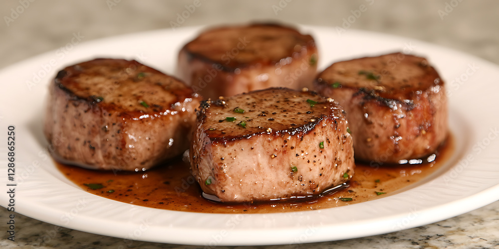 Four perfectly seared tenderloin steaks, seasoned with herbs and spices, presented on a white plate and bathed in a rich savory sauce. Four perfectly seared tenderloin steaks, seasoned with herbs and spices, presented on a white plate and bathed in a rich savory sauce.