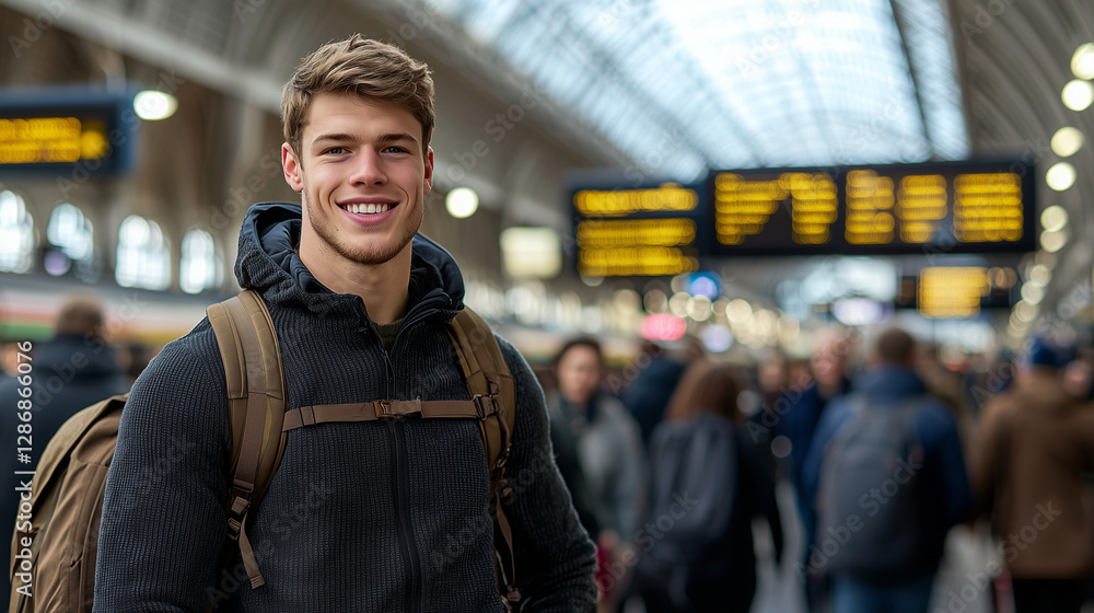 A confident young man at a busy train station with commuters A confident young man at a busy train station with commuters