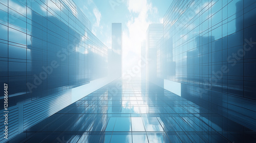 Abstract Architectural Perspective with Blue Tones Reflecting Sky Light and Geometric Patterns