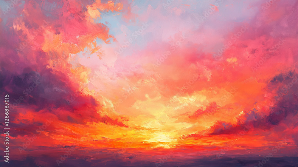 Abstract Sunset Painting Depicting Fiery Clouds with Warm Orange and Red Hues Abstract Sunset Painting Depicting Fiery Clouds with Warm Orange and Red Hues