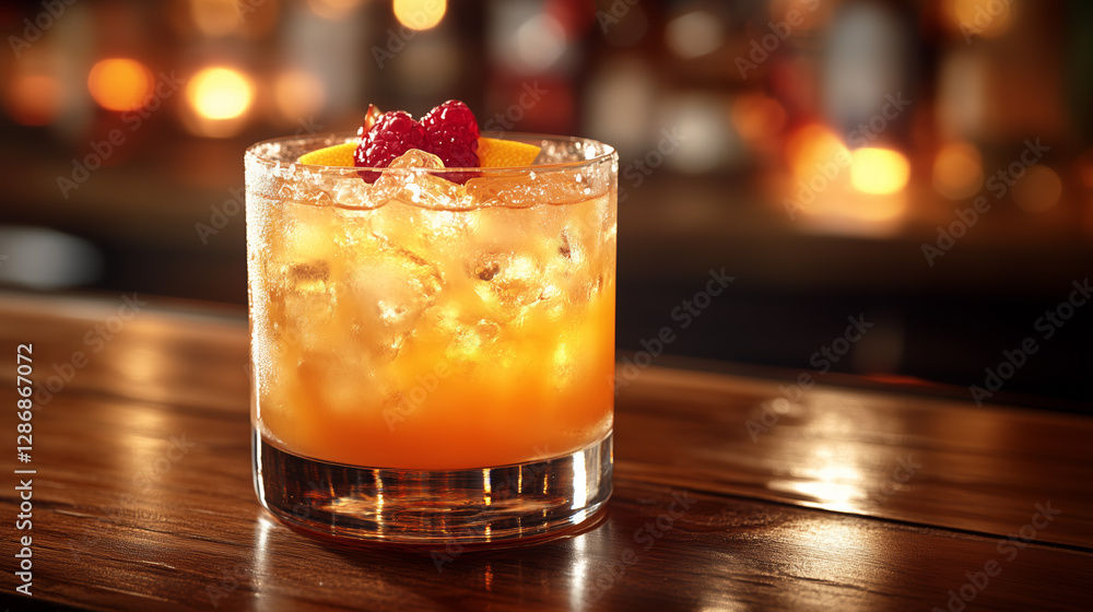 Amber Cocktail with Raspberry Garnish on Wooden Bar Amber Cocktail with Raspberry Garnish on Wooden Bar