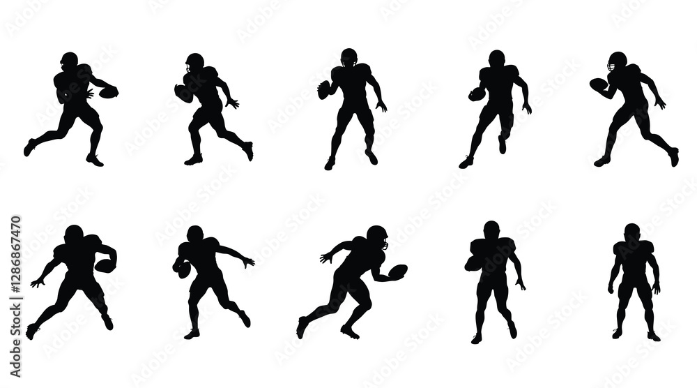 American Football Player Silhouettes Set – Running, Passing, and Holding Ball Poses American Football Player Silhouettes Set – Running, Passing, and Holding Ball Poses
