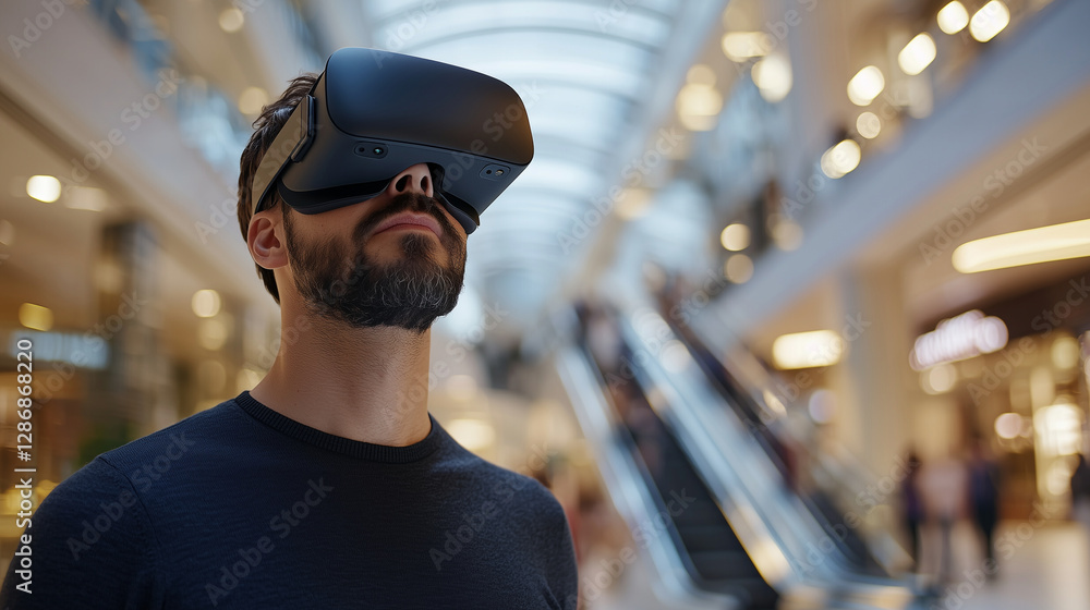 A man immersed in virtual reality at a modern shopping mall A man immersed in virtual reality at a modern shopping mall