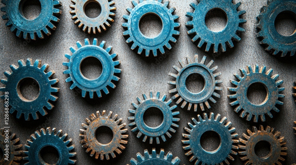 Assorted gears arranged on a gray surface; intricate mechanical background Assorted gears arranged on a gray surface; intricate mechanical background