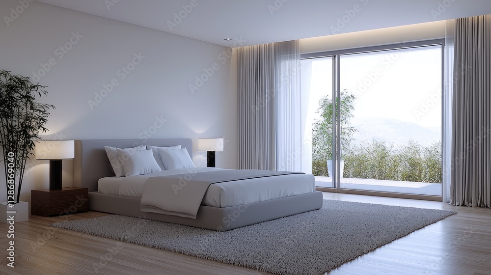 Modern Bedroom with Mountain View, Peaceful Interior, Ideal for Relaxation, Stock Photo Modern Bedroom with Mountain View, Peaceful Interior, Ideal for Relaxation, Stock Photo