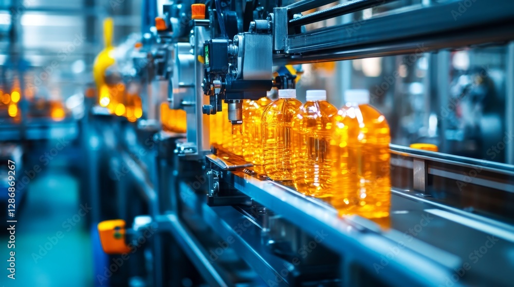 Detailed view of a high speed automated production line for plastic bottles in an industrial factory Detailed view of a high speed automated production line for plastic bottles in an industrial factory