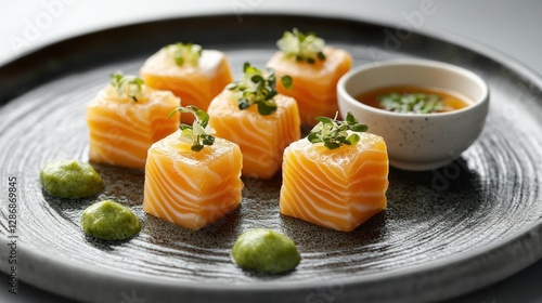 Cubed Salmon Bites, Gourmet Dish, Modern Plate, Sauce in Background photo