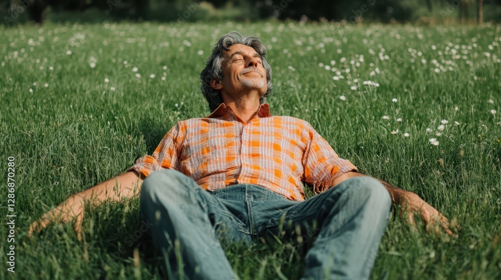 Obraz premium Happy senior man relaxing on green grass in nature with eyes closed enjoying sunlight and fresh air outdoors