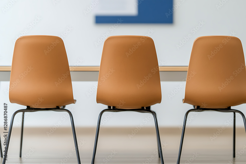 Obraz premium Three simple chairs in a row, ready for visitors, office, waiting room, conference. Simple seating arrangement, modern design.