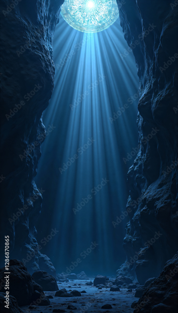 Mysterious Underwater Cave with Glowing Orb and Light Beams Mysterious Underwater Cave with Glowing Orb and Light Beams