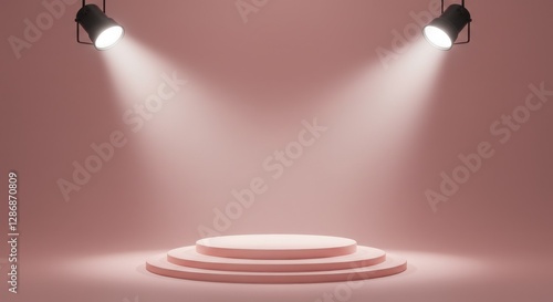 a central circular podium set against a soft pink backdrop.