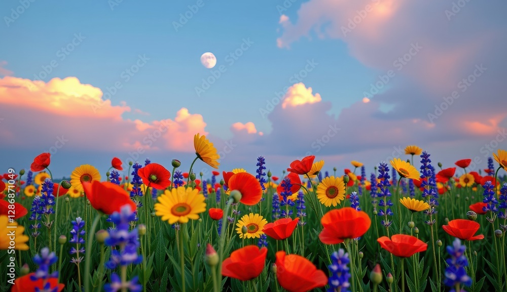 Fototapeta premium Vibrant wildflower meadow under a full moon glowing in an evening sky with colorful clouds
