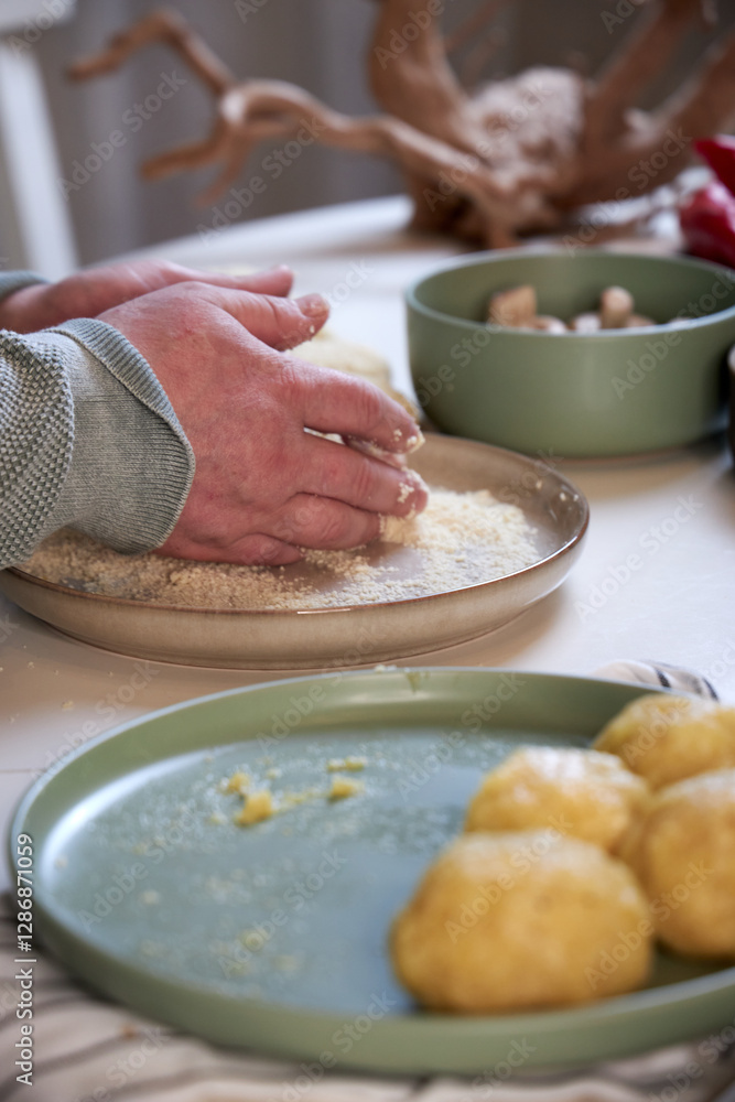 Fototapeta premium potato cutlets in breadcrumbs , cooking process