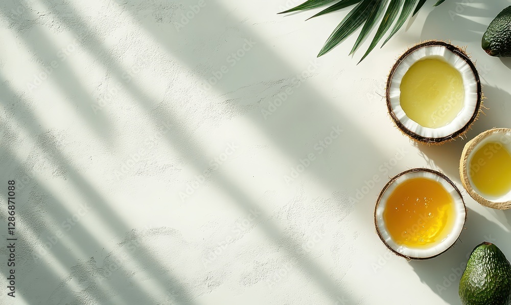 Fresh coconut and avocado oils with palm leaves on textured background, showcasing natural beauty and healthy lifestyle choices in modern food photography Fresh coconut and avocado oils with palm leaves on textured background, showcasing natural beauty and healthy lifestyle choices in modern food photography