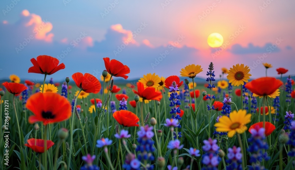 Fototapeta premium Vibrant wildflower meadow under a full moon glowing in an evening sky with colorful clouds