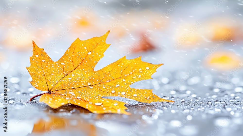 Autumn rain, maple leaf, wet ground, blurred background, nature scene Autumn rain, maple leaf, wet ground, blurred background, nature scene