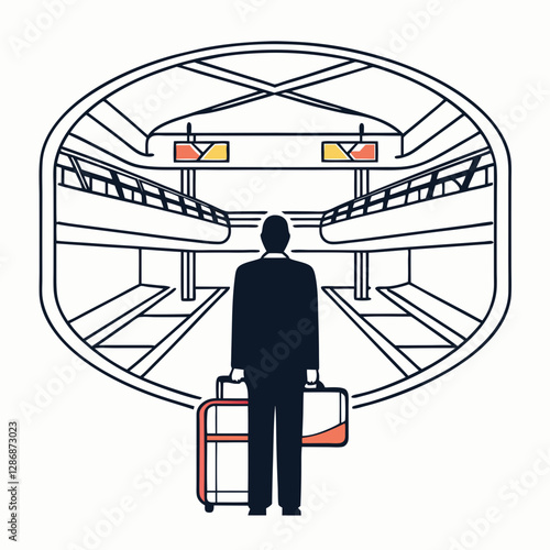 Minimalist Traveler in Train Station Vector Illustration

