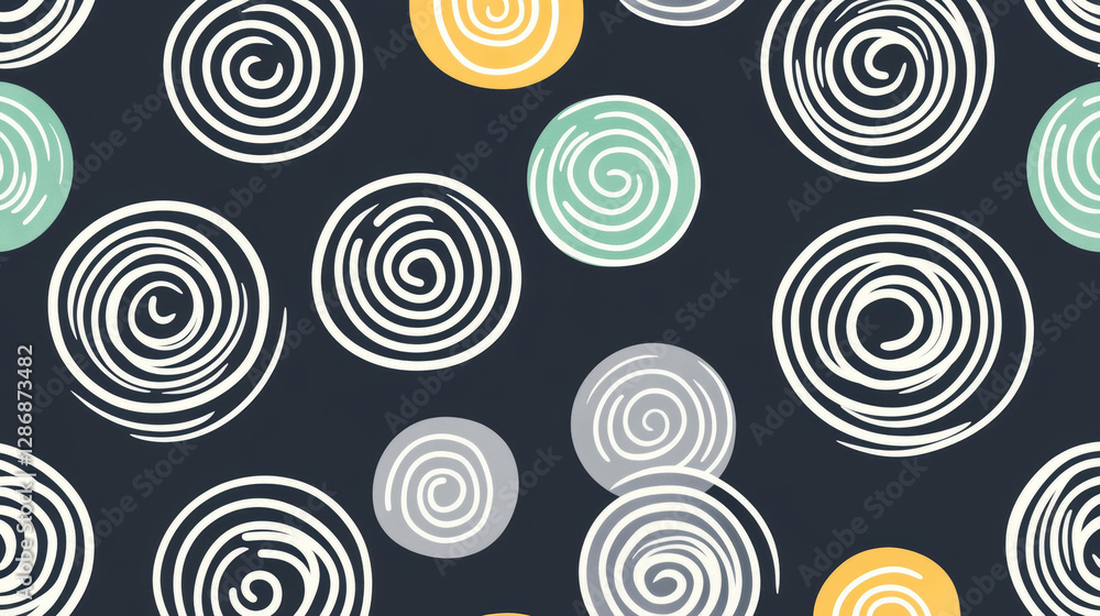 Graceful spirals in white, yellow, green, and gray create smooth and flowing circular motif on dark background, evoking modern and artistic design Graceful spirals in white, yellow, green, and gray create smooth and flowing circular motif on dark background, evoking modern and artistic design