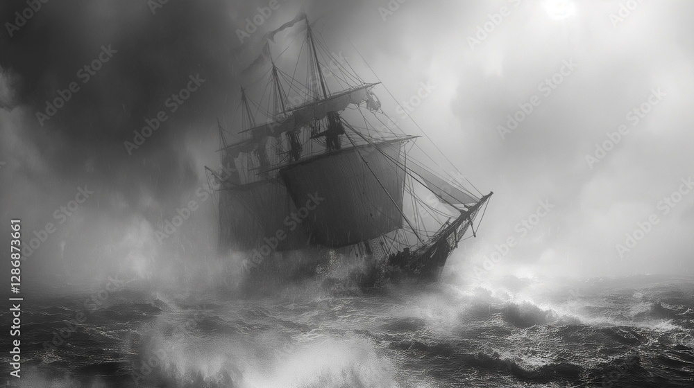 Fototapeta premium A fishing schooner in a storm the sails are tense _009