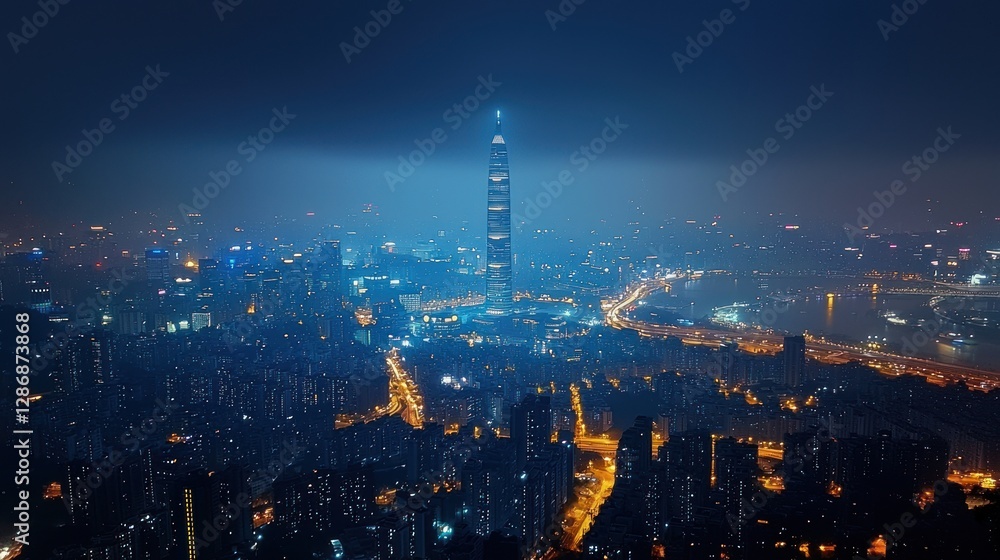 Fototapeta premium Night Cityscape with Towering Skyscraper and Glowing Lights in Shenzhen