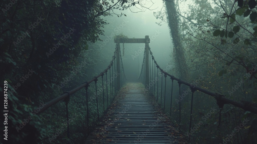 Fototapeta premium A misty bridge invites exploration in a foggy forest. The air is thick with mystery and tranquility. Nature unfolds secrets in this serene setting. Generative AI