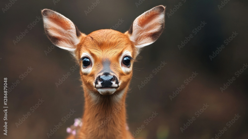 Fototapeta premium Close-up of a baby deer, looking directly at camera, in a forest setting. Possible use Nature, wildlife