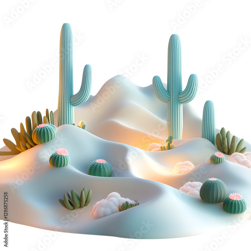 A Fluffy 3D Cartoon Desert with Glowing Cacti and Snow Isolated on Transparent Background