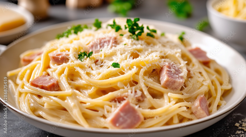 Rustic Spaghetti Carbonara with Ham and Parmesan in a Cozy Kitchen Rustic Spaghetti Carbonara with Ham and Parmesan in a Cozy Kitchen