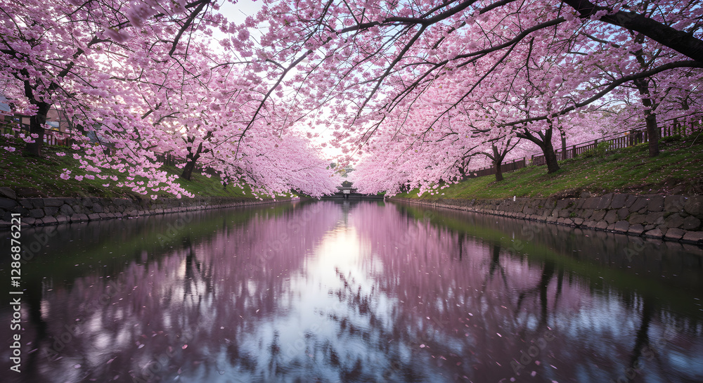 Pink cherry blossoms hang over a serene, reflective water surface. Pink cherry blossoms hang over a serene, reflective water surface.