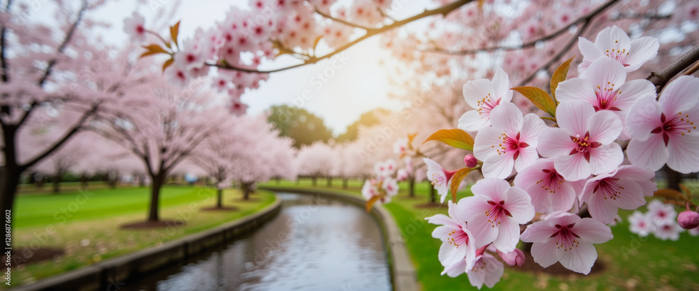 Cherry blossoms blooming along tranquil stream in Japanese garden, serenity Cherry blossoms blooming along tranquil stream in Japanese garden, serenity