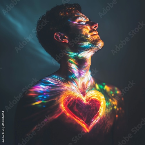 Young Man with Dynamic Rainbow Light Heart Illustration