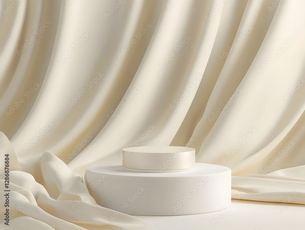 Smooth Pearl-White Pedestal with Soft Silky Drapery for Luxury Cosmetic Product Mockup Smooth Pearl-White Pedestal with Soft Silky Drapery for Luxury Cosmetic Product Mockup