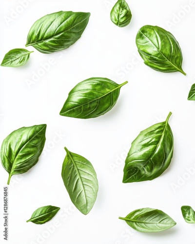 Fresh Green Basil Leaves on White Background, Perfect for Culinary and Natural Themes, Ideal for Food Photography and Herbal Illustrations