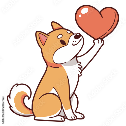 This adorable shiba inu dog smiles happily while holding a love heart sign, embodying a sense of joy and affection. The cartoon style enhances its playful charm and warmth
