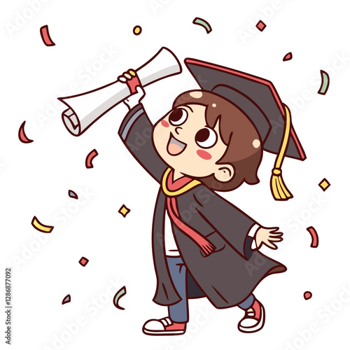 Colorful cartoon depicts a young student joyfully celebrating graduation day. The student, wearing a cap and gown, holds a diploma high while confetti falls around them, symbolizing success