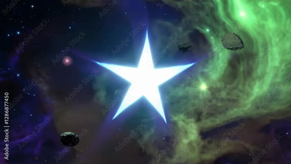 Bright glowing star in deep space surrounded by planets and cosmic elements in a sci-fi space scene Bright glowing star in deep space surrounded by planets and cosmic elements in a sci-fi space scene