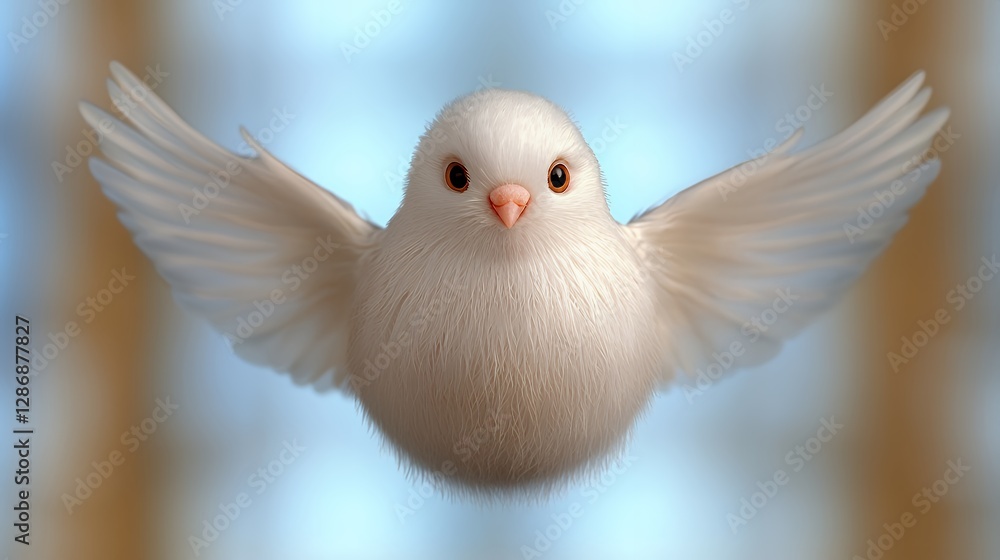 Fototapeta premium Fluffy white bird in flight, soft background, peaceful scene, ideal for children's book