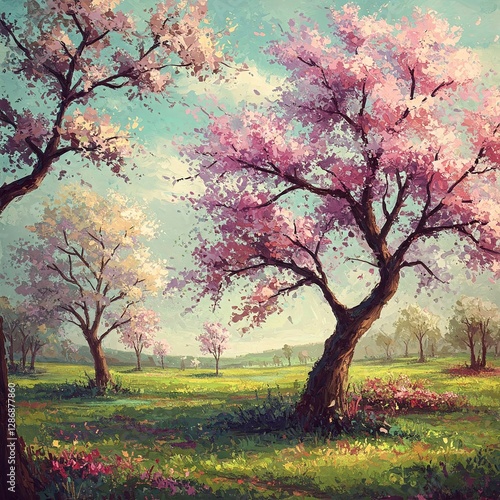 Tranquil Spring Landscape with Blooming Trees