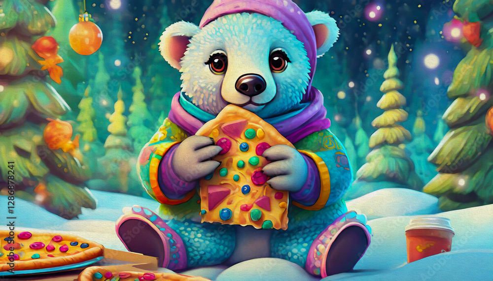 Naklejka premium oil painting style cartoon character illustration polar bear in the snow eat pizza