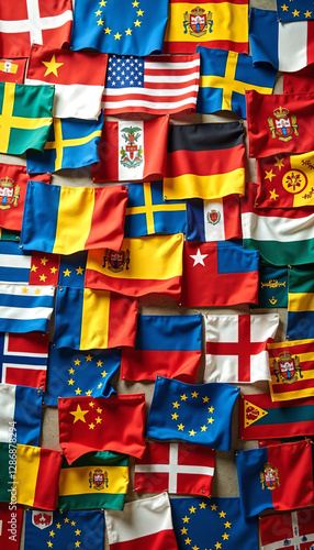 Diverse Collection of International Flags Hanging on a Wall Global Unity Concept