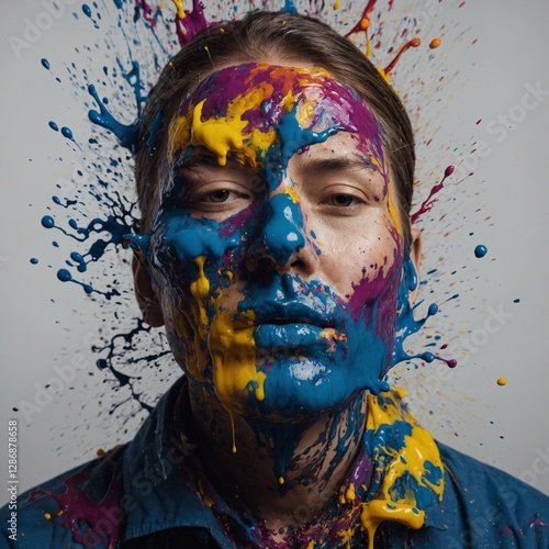 Artistic Ink Splash Portrait – A surreal portrait of a person whose face dissolves into colorful ink splashes, merging with the background.