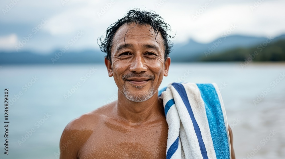 Older man at beach holding towel. Older man at beach holding towel.