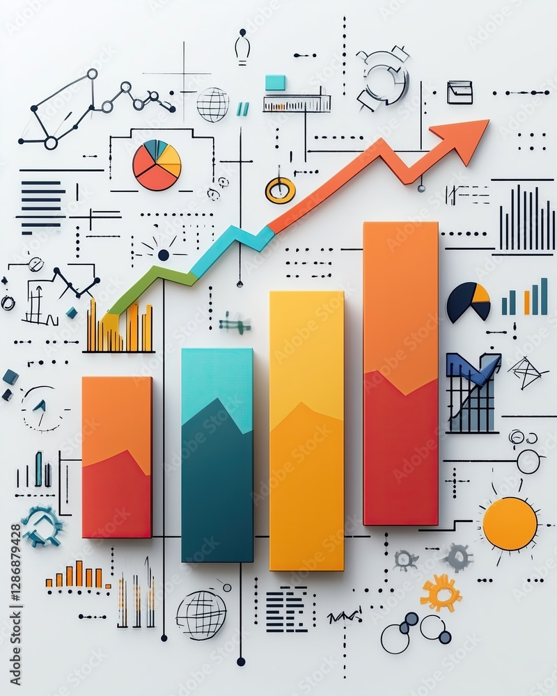 Obraz premium Bar flowchart analytics and interconnected flow diagram, symbolizing business growth